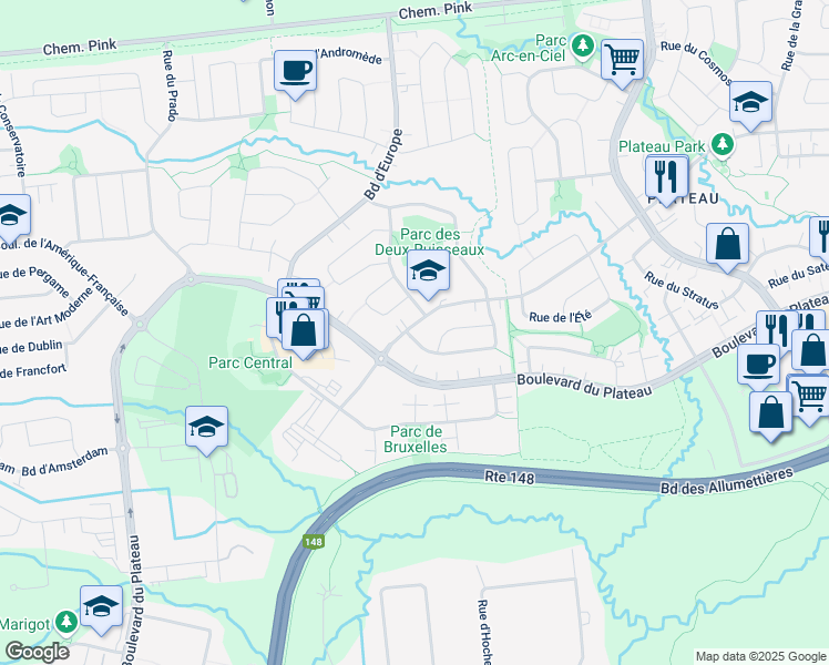 map of restaurants, bars, coffee shops, grocery stores, and more near 287 Rue de l'Atmosphère in Gatineau