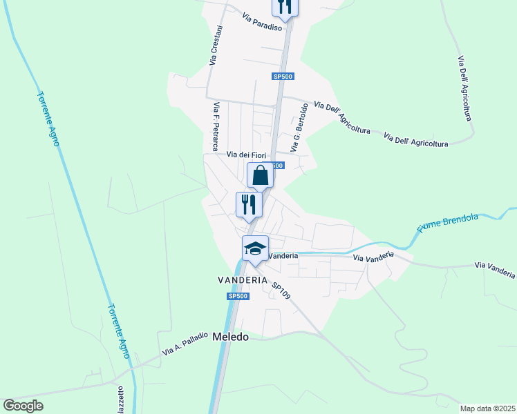 map of restaurants, bars, coffee shops, grocery stores, and more near 40 Via Veneto in Meledo