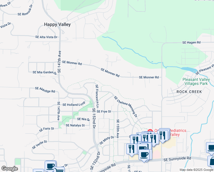 map of restaurants, bars, coffee shops, grocery stores, and more near Shadow Ridge Trail in Happy Valley