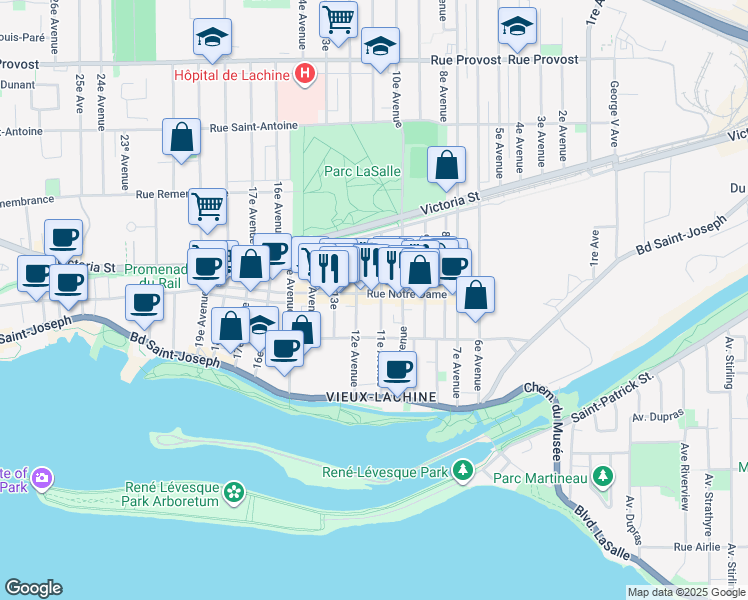map of restaurants, bars, coffee shops, grocery stores, and more near 1125 Rue Notre-Dame in Montréal