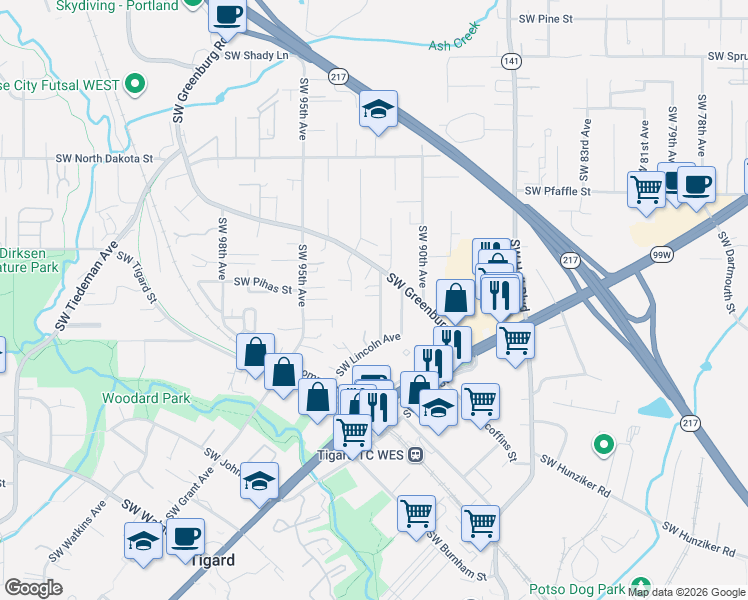 map of restaurants, bars, coffee shops, grocery stores, and more near 11795 Southwest 91st Avenue in Tigard