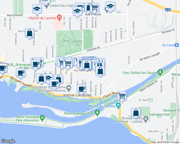 map of restaurants, bars, coffee shops, grocery stores, and more near 865 Rue Notre-Dame in Montréal