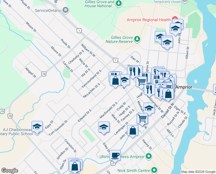 map of restaurants, bars, coffee shops, grocery stores, and more near 20 Sullivan Crescent in Arnprior