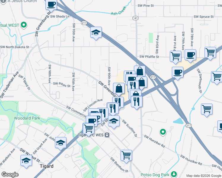 map of restaurants, bars, coffee shops, grocery stores, and more near 11770 Southwest 90th Avenue in Portland