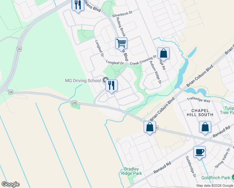 map of restaurants, bars, coffee shops, grocery stores, and more near 2323 Longwater Street in Ottawa