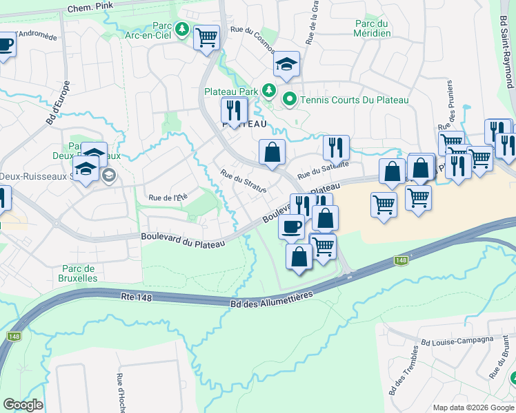 map of restaurants, bars, coffee shops, grocery stores, and more near 78 Rue du Stratus in Gatineau