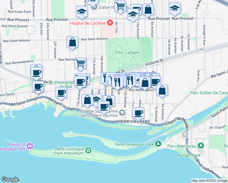 map of restaurants, bars, coffee shops, grocery stores, and more near 1395 Rue Notre-Dame Est in Montréal
