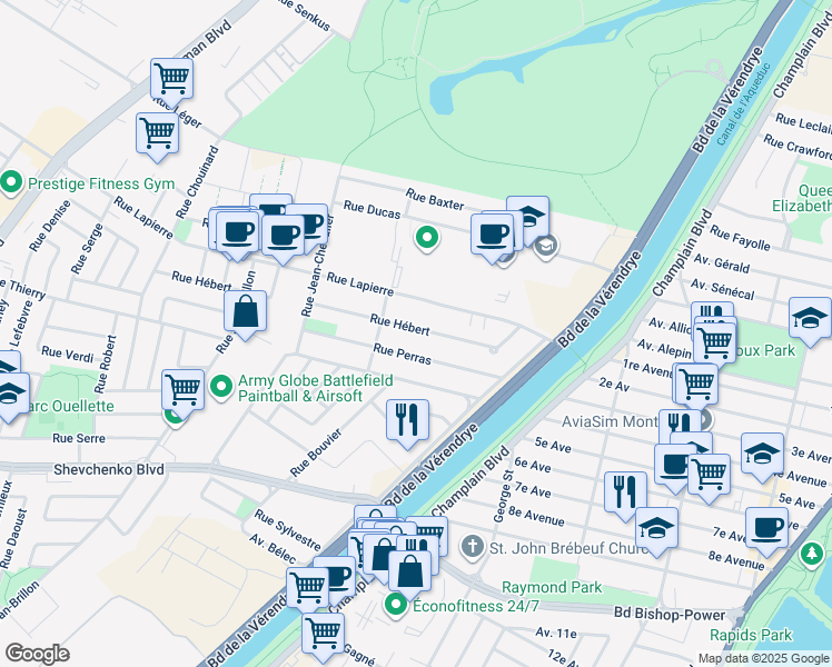map of restaurants, bars, coffee shops, grocery stores, and more near 1384 Rue Hébert in Montréal