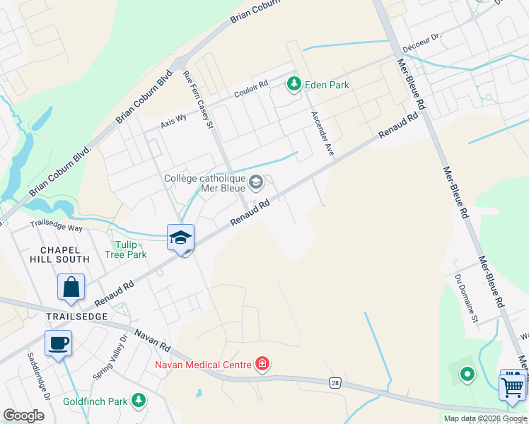 map of restaurants, bars, coffee shops, grocery stores, and more near 6418 Renaud Road in Ottawa