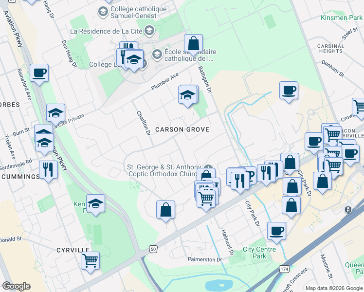 map of restaurants, bars, coffee shops, grocery stores, and more near 1021 Cadboro Road in Ottawa
