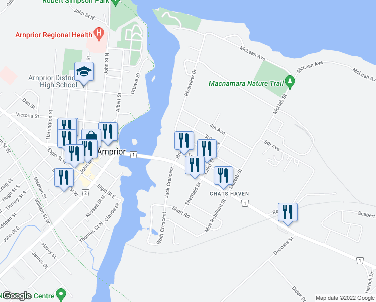 map of restaurants, bars, coffee shops, grocery stores, and more near 90 1st Avenue in Arnprior