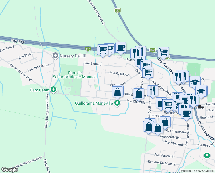 map of restaurants, bars, coffee shops, grocery stores, and more near 600 Rue Robert in Marieville