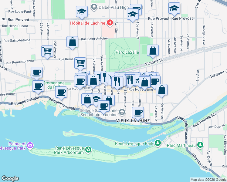 map of restaurants, bars, coffee shops, grocery stores, and more near in Montreal