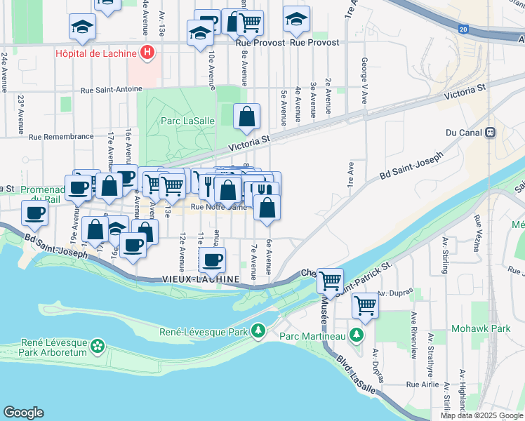 map of restaurants, bars, coffee shops, grocery stores, and more near in Montreal