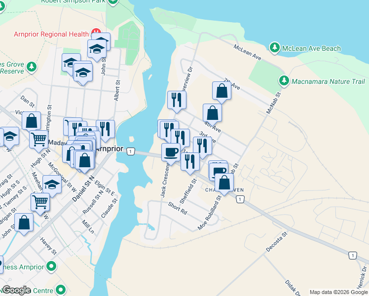 map of restaurants, bars, coffee shops, grocery stores, and more near 90 1st Avenue in Arnprior