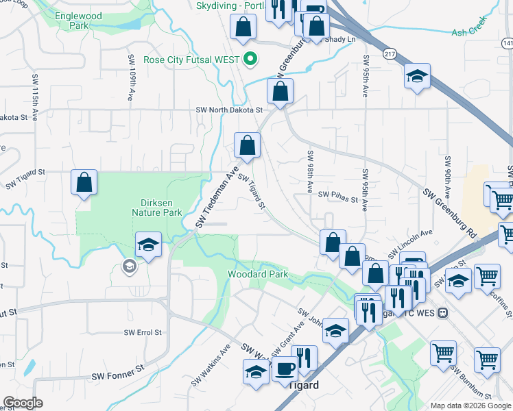 map of restaurants, bars, coffee shops, grocery stores, and more near 10150 Southwest Tigard Street in Tigard