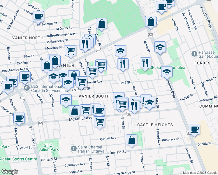 map of restaurants, bars, coffee shops, grocery stores, and more near in Ottawa