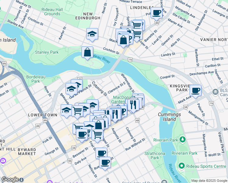 map of restaurants, bars, coffee shops, grocery stores, and more near in Ottawa