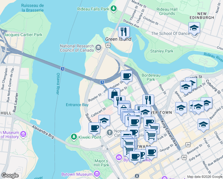 map of restaurants, bars, coffee shops, grocery stores, and more near 123 Boteler Street in Ottawa