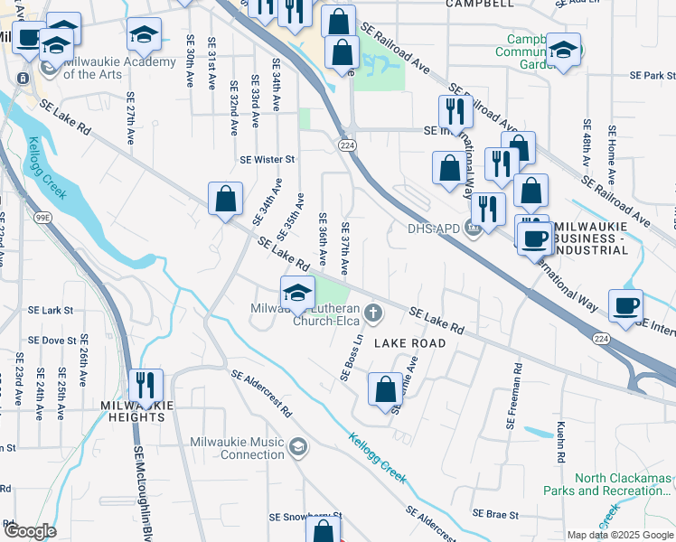 map of restaurants, bars, coffee shops, grocery stores, and more near 3695 Southeast Lake Road in Milwaukie