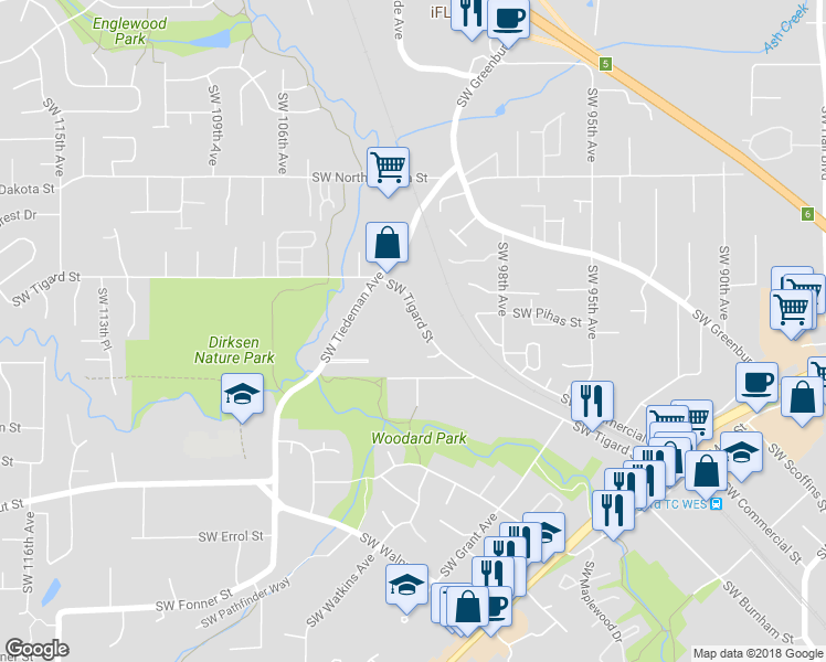 map of restaurants, bars, coffee shops, grocery stores, and more near 10150 Southwest Tigard Street in Tigard