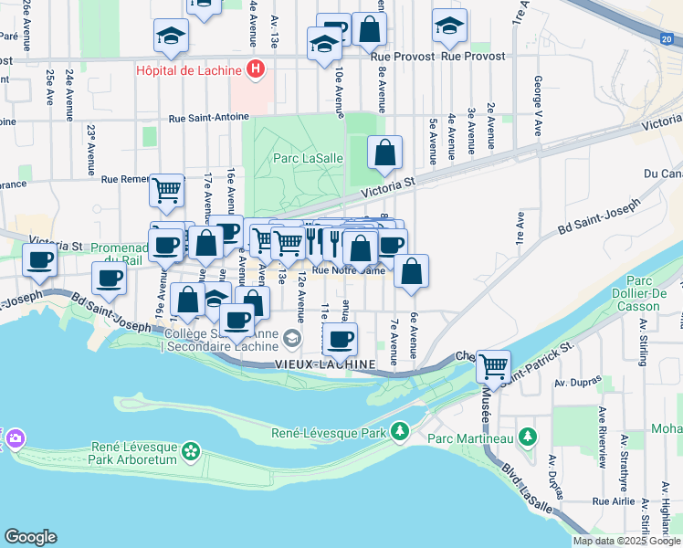 map of restaurants, bars, coffee shops, grocery stores, and more near in Montréal