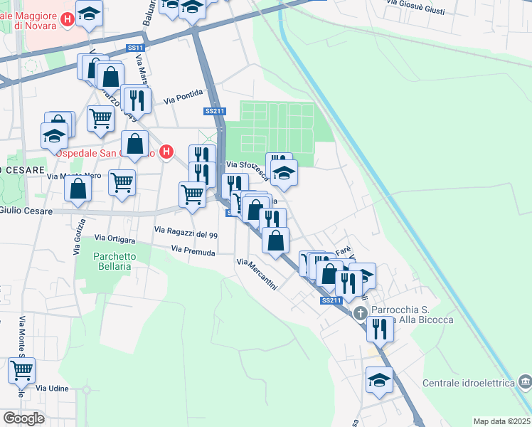 map of restaurants, bars, coffee shops, grocery stores, and more near 5 Strada Privata Raselli in Novara
