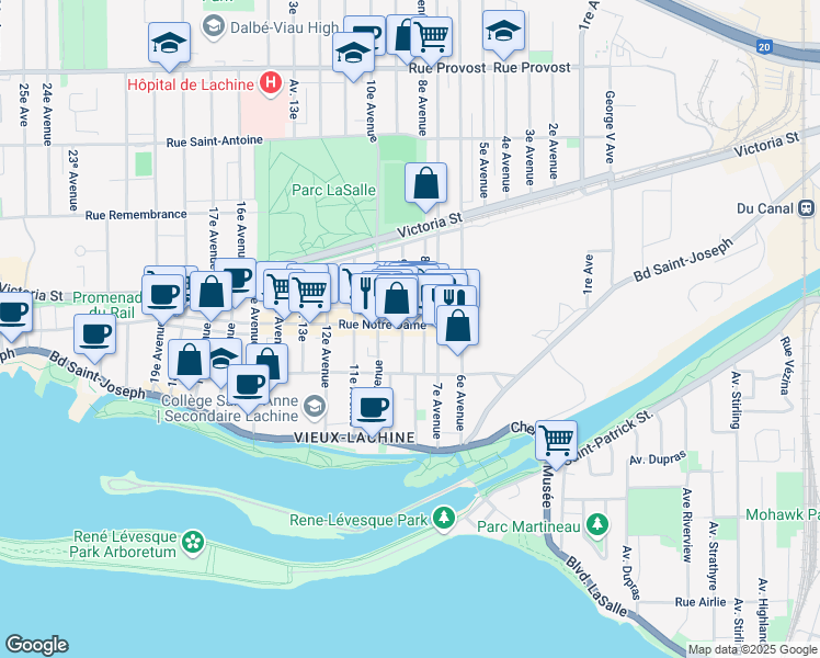 map of restaurants, bars, coffee shops, grocery stores, and more near 845 Rue Notre-Dame in Montréal