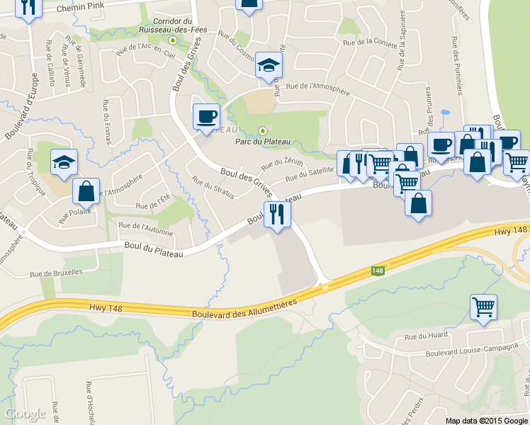 map of restaurants, bars, coffee shops, grocery stores, and more near 215 Boulevard du Plateau in Gatineau