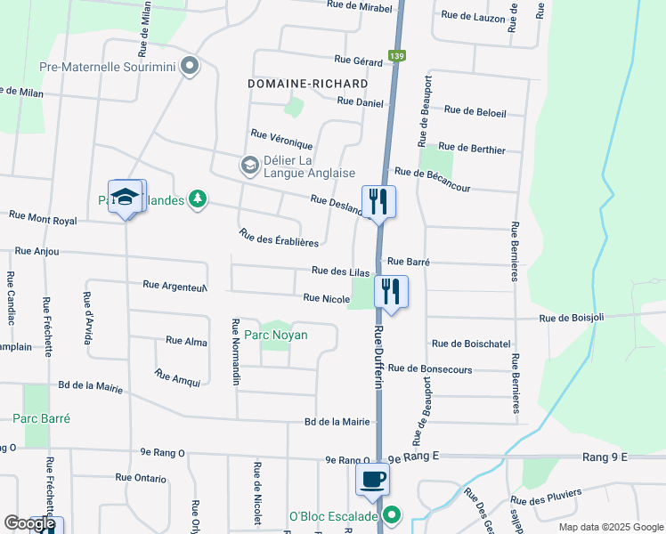 map of restaurants, bars, coffee shops, grocery stores, and more near 21 Rue des Lilas in Granby