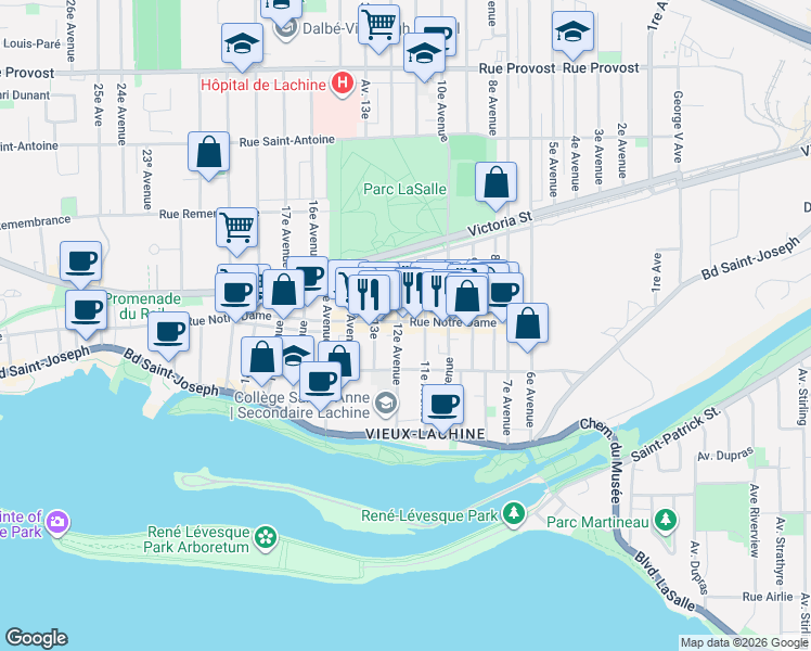 map of restaurants, bars, coffee shops, grocery stores, and more near 1171 Rue Notre-Dame in Montréal