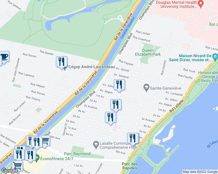 map of restaurants, bars, coffee shops, grocery stores, and more near 704 Avenue Allion in Montréal