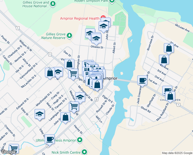 map of restaurants, bars, coffee shops, grocery stores, and more near 74 Madawaska Street in Arnprior