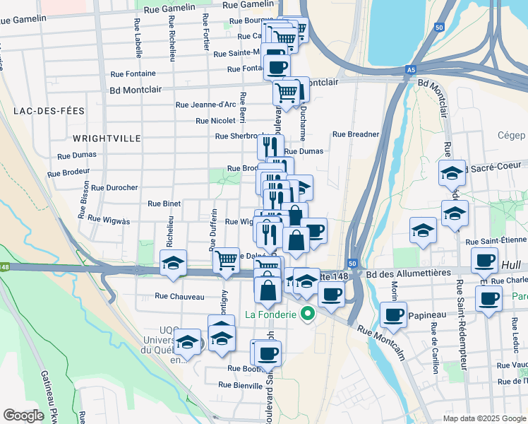 map of restaurants, bars, coffee shops, grocery stores, and more near in Gatineau