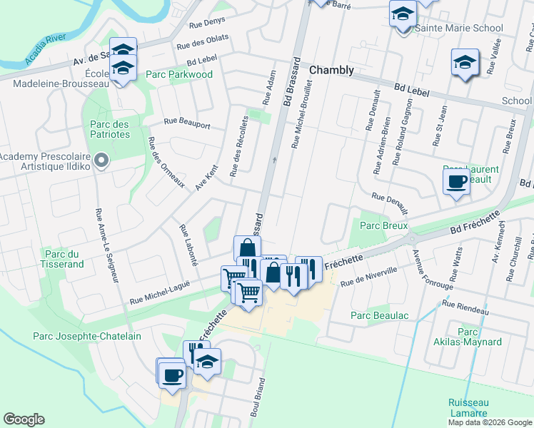 map of restaurants, bars, coffee shops, grocery stores, and more near 1407 Boulevard Brassard in Chambly