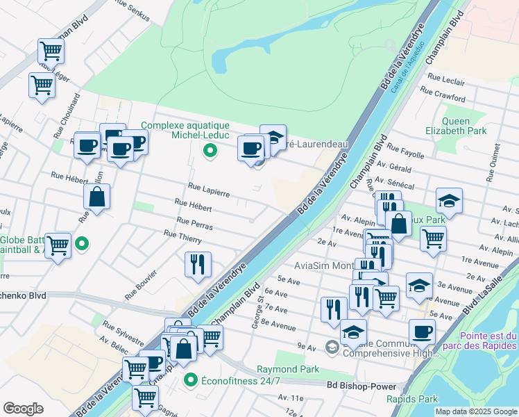 map of restaurants, bars, coffee shops, grocery stores, and more near 1100 Rue Lapierre in Montréal
