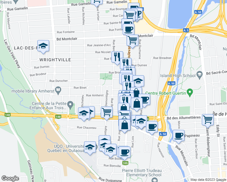 map of restaurants, bars, coffee shops, grocery stores, and more near 33 Rue Taschereau in Gatineau