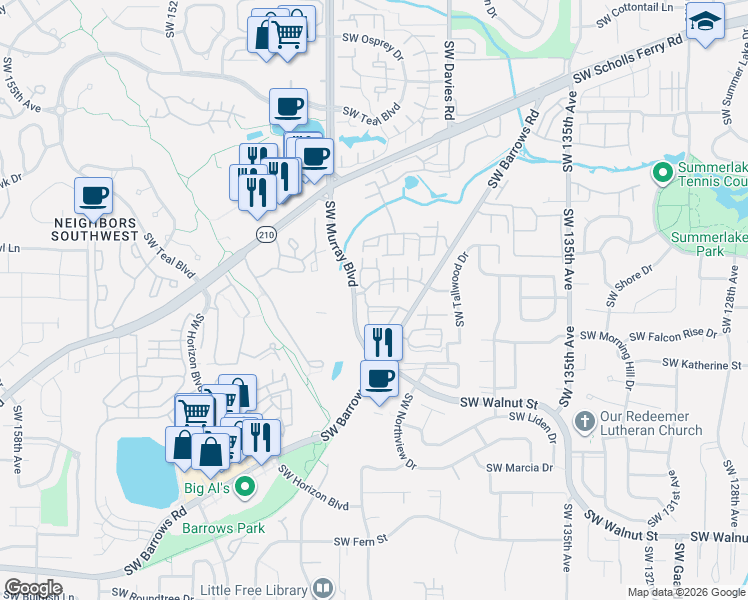 map of restaurants, bars, coffee shops, grocery stores, and more near 14243 Southwest Barrows Road in Beaverton