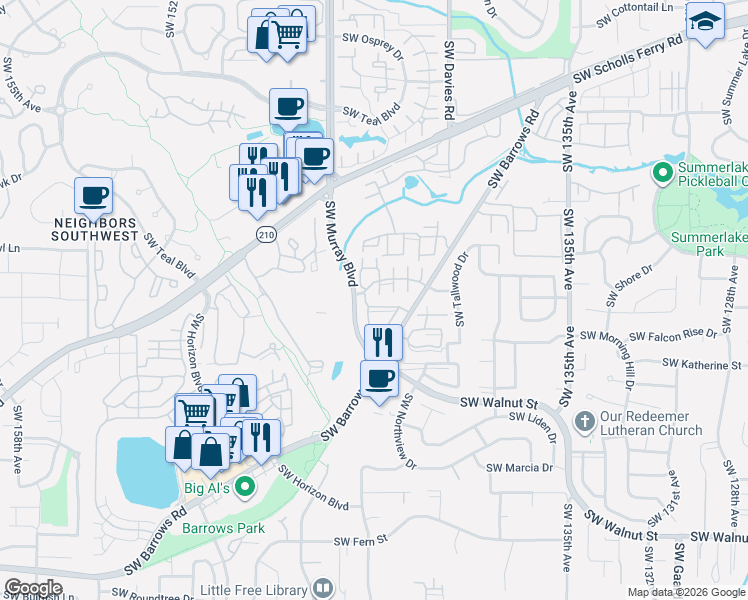 map of restaurants, bars, coffee shops, grocery stores, and more near 14243 Southwest Barrows Road in Beaverton