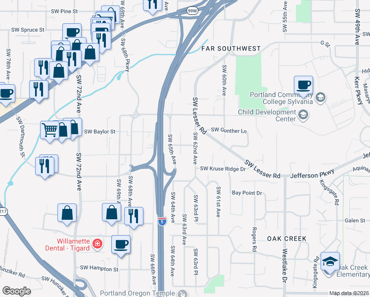 map of restaurants, bars, coffee shops, grocery stores, and more near 12530 Southwest 64th Avenue in Portland