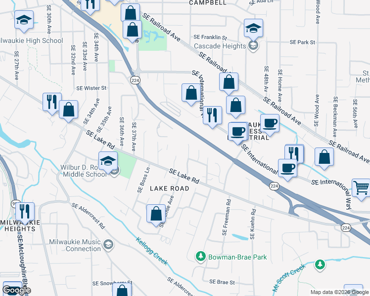 map of restaurants, bars, coffee shops, grocery stores, and more near 12255 Southeast 41st Court in Milwaukie