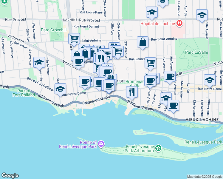 map of restaurants, bars, coffee shops, grocery stores, and more near 2510 Rue Notre-Dame in Montréal