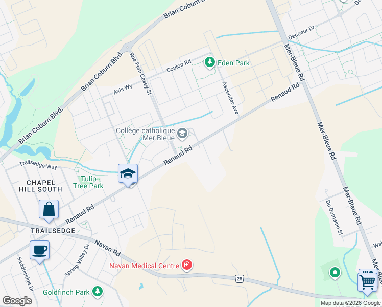 map of restaurants, bars, coffee shops, grocery stores, and more near 6418 Renaud Road in Ottawa