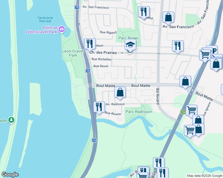 map of restaurants, bars, coffee shops, grocery stores, and more near 9240 Rue Riverin in Brossard