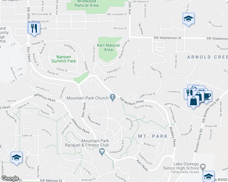 map of restaurants, bars, coffee shops, grocery stores, and more near 47 Oswego Summit in Lake Oswego