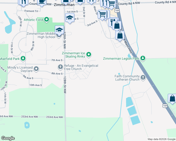map of restaurants, bars, coffee shops, grocery stores, and more near 12606 Pond View Road in Zimmerman