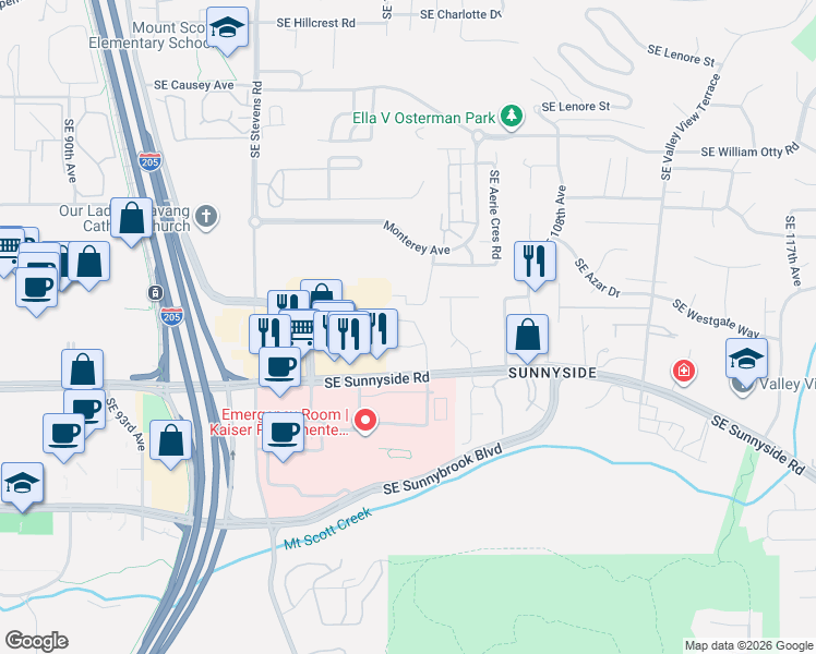 map of restaurants, bars, coffee shops, grocery stores, and more near 12173 Southeast 104th Court in Happy Valley