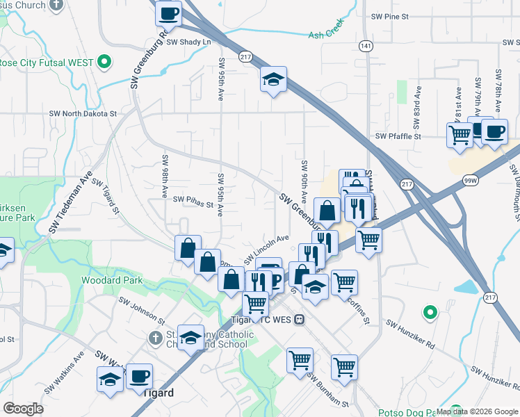 map of restaurants, bars, coffee shops, grocery stores, and more near 11760 Southwest 92nd Avenue in Portland