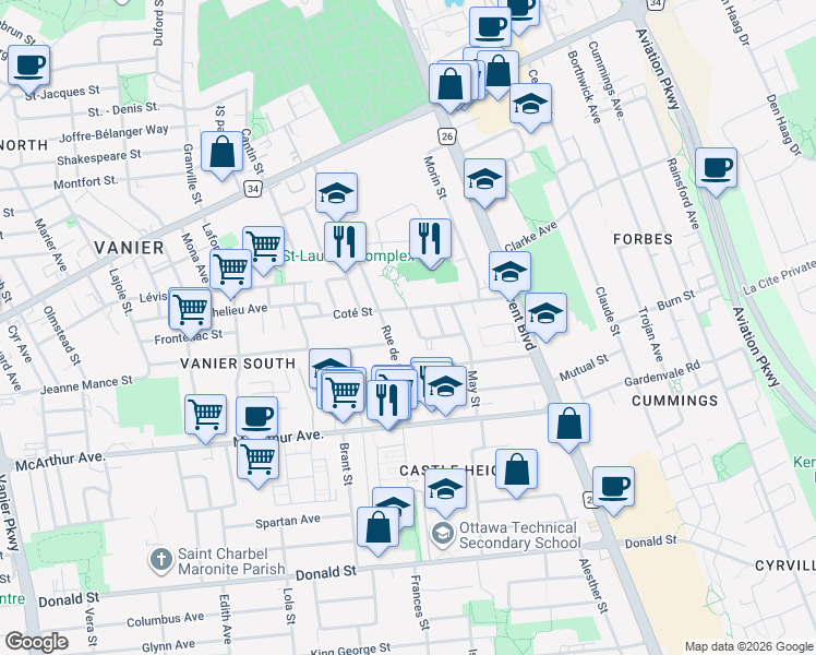 map of restaurants, bars, coffee shops, grocery stores, and more near in Ottawa