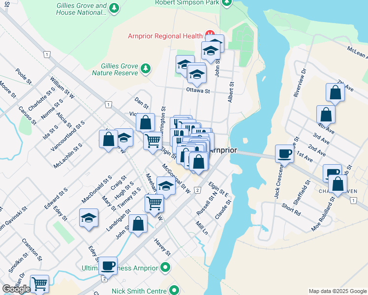 map of restaurants, bars, coffee shops, grocery stores, and more near 74 Madawaska Street in Arnprior